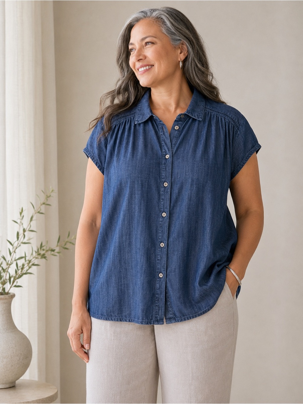J Jill Denim Lyocell Chambray Button Front Shirt Plus Size 4X (26/28)
